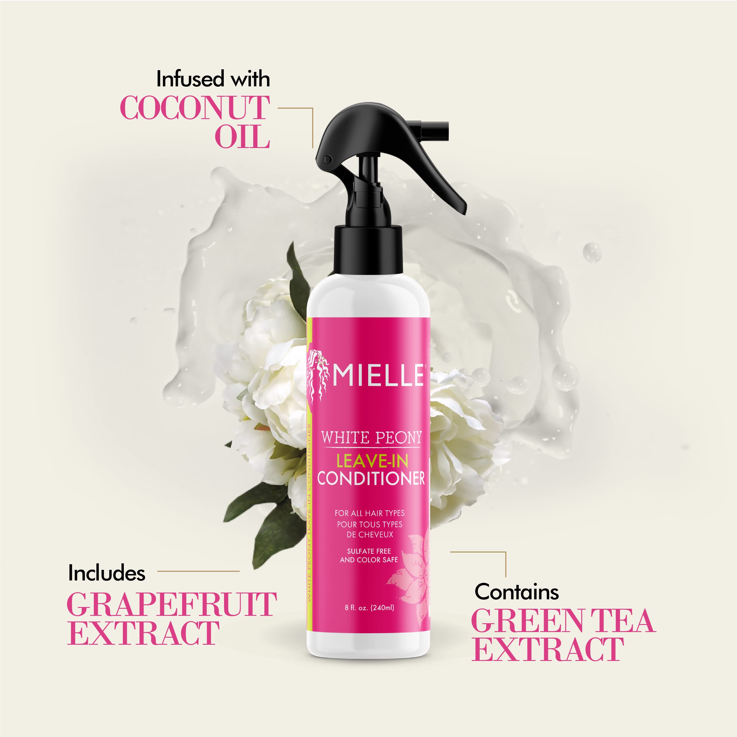 Mielle Organics White Peony Leave-In Conditioner Spray - Ultra-Moisturizing Detangler for Curly & Natural Hair - Frizz Control & Moisture Seal - Color-Safe & Sulfate-Free, 8 Fl Oz - Image 3